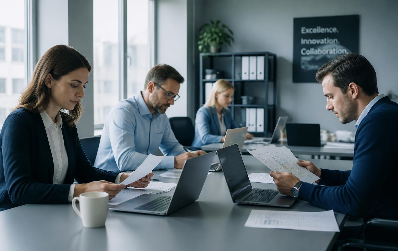 Equipo de back office trabajando con documentos y portátiles