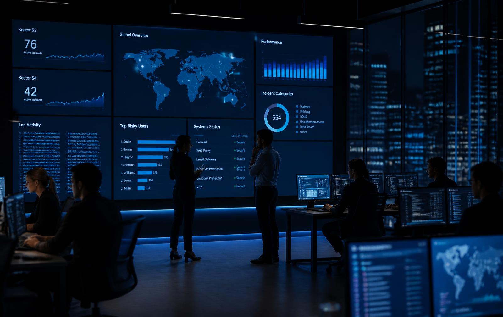 Sala de control con paneles de datos operativos